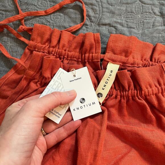 Knotium linen rust orange high neck tiered midi dress nwt xs/small - Picture 3 of 11